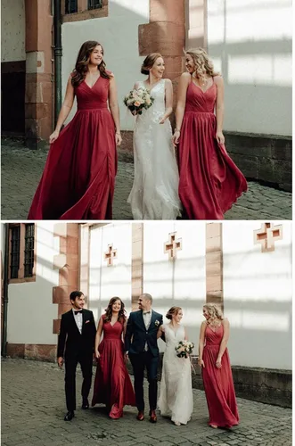 Vista 5 de WaterDress Vestido de dama de honor con cuello en V largo con abertura de gasa acampanado plisado vestidos formales para mujer WD1932P