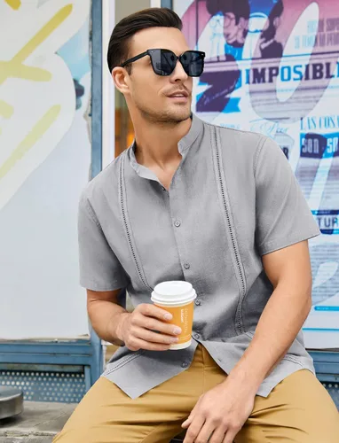 Vista 5 de Ryannology Camisas guayabera de lino de manga corta con botones para hombre, estilo casual, playa, campamento cubano, camisa mexicana para hombre