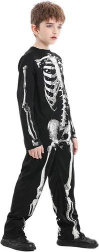 Vista 7 de Seasons Disfraz de esqueleto brillante para niños, overol de huesos de Halloween para niñas y niños, divertido fiesta de disfraces, brilla