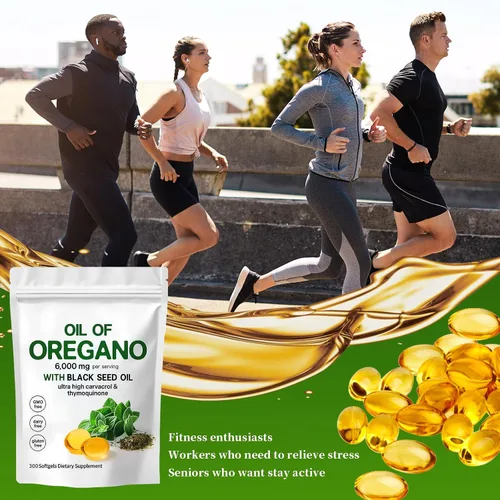 Vista 6 de Aceite de orégano con aceite de semilla negra, cápsulas de aceite de orégano 2 en 1 orgánicas, 6000 mg por porción, 300 cápsulas blandas, carvacrol