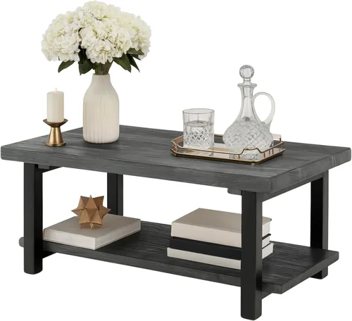 Vista 15 de Alaterre Furniture Pomona - Mesa auxiliar de madera maciza de 2 niveles con acabado natural y patas de metal, decoración moderna de granja