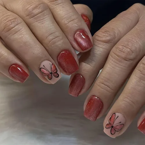 Vista 38 de 24 uñas postizas cortas a presión, color rosa RTKHFZE con diseño de mariposa blanca y diamantes de imitación, uñas postizas cuadradas de cobertura