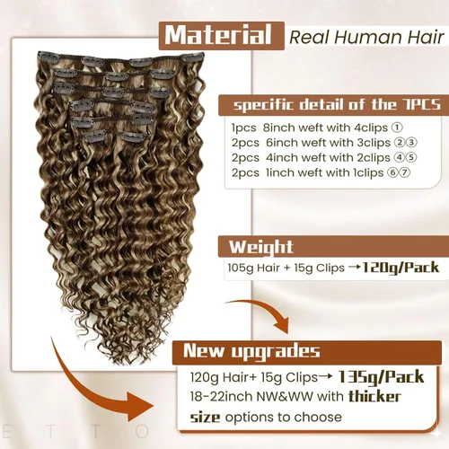 Vista 104 de Hetto . Extensiones de cabello humano rizado con clip, color #1 negro azabache, extensiones de cabello humano ondulado natural para cabeza completa