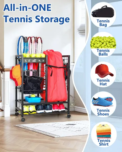 Vista 2 de Mythinglogic Estante de almacenamiento para bolsas de tenis, raqueta de tenis y organizador de pelotas, soporte para equipo de tenis para garaje
