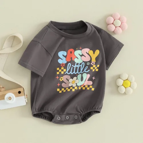 Vista 6 de Mameluco de manga corta para bebé recién nacido, niña y niño, con estampado de letras