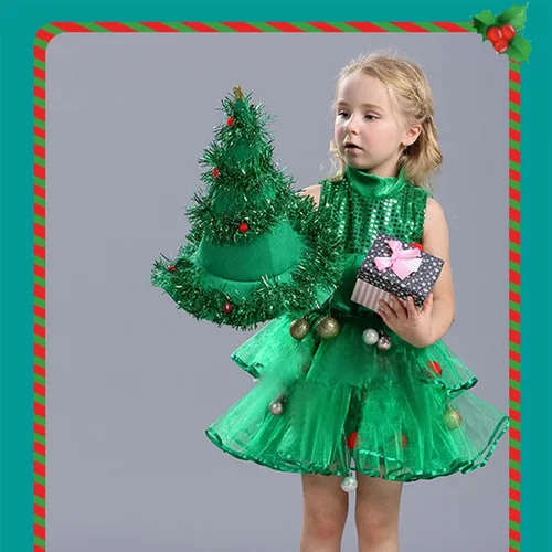 Vista 6 de Gamivast Kids Girls Christmas Tree Costume Ruffle Layered Dress Cute Cosplay Costumes Xmas Dress + Hat 2 Piece Outfit Sets