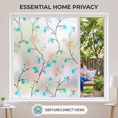 Vista 2 de Película decorativa para ventana, diseño de flores, película de privacidad de vidrio de adherencia estática para puerta, tintes de ventana