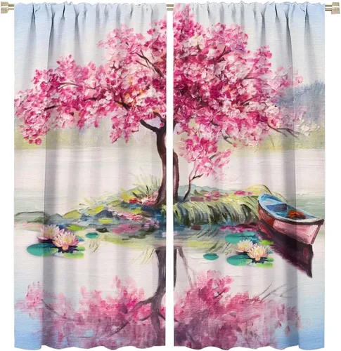 Vista 43 de Cortinas opacas con diseño floral de galaxia azul abstracta para dormitorio, cortinas de ventana de teñido anudado con diseño de flor de cerezo