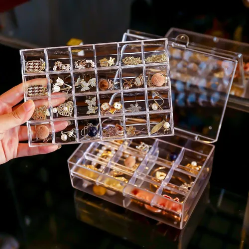 Vista 6 de HM KAMAN Soporte estético para joyas caja de almacenamiento de joyería de 38 rejillas cajas de joyería transparentes organizador de anillos adecuado