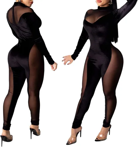 Vista 3 de Uni Clau - Overol de una pieza para mujer, de malla, de manga larga, transparente, fiesta
