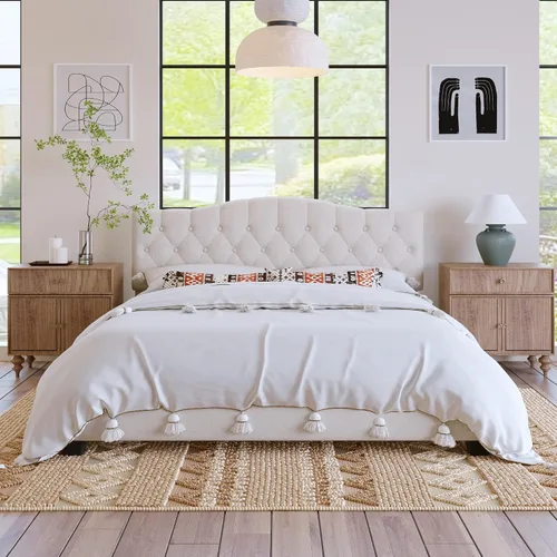 Vista 10 de DSHADE Base de cama Queen con plataforma tapizada de lino moderno, base de cama de madera maciza beige con cabecero, detalles capitoné de diamante