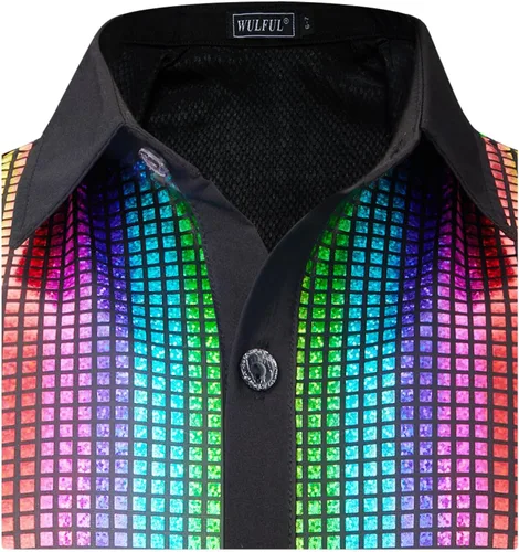 Vista 3 de WULFUL Camisa de discoteca para niños y niños, camisas con botones y lentejuelas, disfraz de fiesta de los años 70