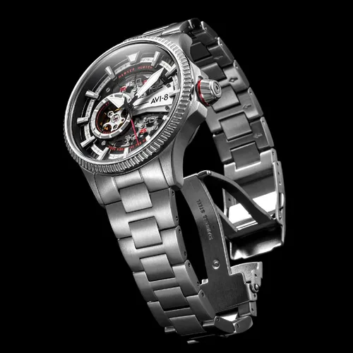Vista 4 de AVI-8 Hawker Hunter Avon Automático Diablos Rojos Con Reloj De Pulsera De Acero Inoxidable Sólido Tono Plateado 1.732in - AV-4078-22