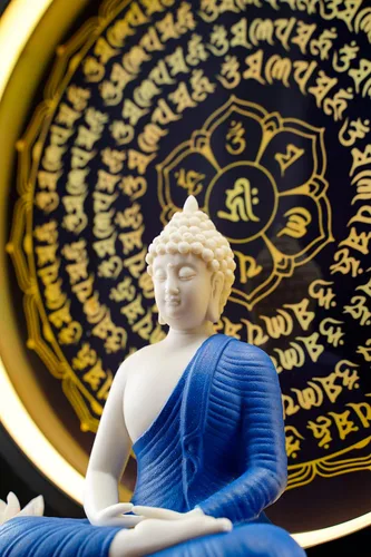 Vista 2 de Houlu Lámpara de mesa LED con estatua de Buda azul y círculo, estatua de Buda de cerámica para decoración del hogar