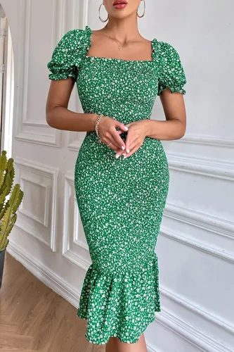 Vista 9 de PRETTYGARDEN - Vestido midi ajustado floral de verano para mujer, vestido de cóctel de sirena con dobladillo con volantes y manga corta abullonada