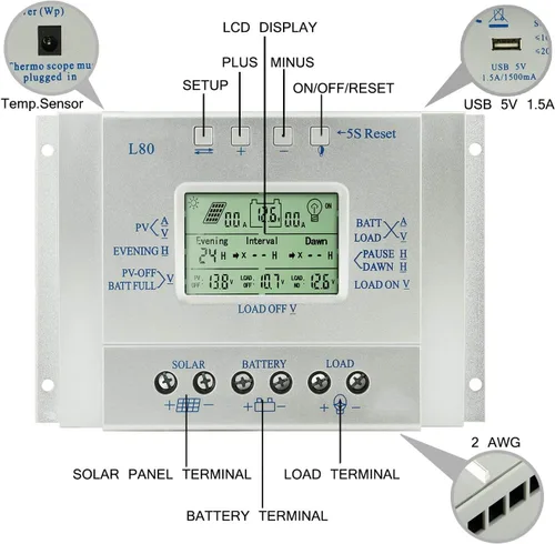 Vista 4 de Controlador de carga solar de 80 A, regulador de panel solar de 80 amperios con temporizador de carga, 12 V 24 V automático con pantalla LCD USB 5 V