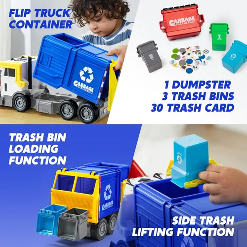 Vista 3 de JOYIN Juego de juguetes de camión de basura de fricción grande, incluye 1 contenedor, 3 cubos de basura y 30 tarjetas de aprendizaje para niños, Azul