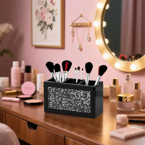 Vista 4 de SHYFOY Organizador Portacepillos de Maquillaje Negro, Organizador de Almacenamiento de Cepillos de Cosméticos de 3 Ranuras de Vidrio con Diamante