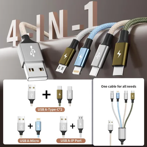 Vista 5 de 4 in 1 Multi Charging Cable, 2 Pack 6FT Charging Cords for Devices Nylon Braided USB C Car Charger Cable with Dual USB-C, IP & Micro Ports, Long
