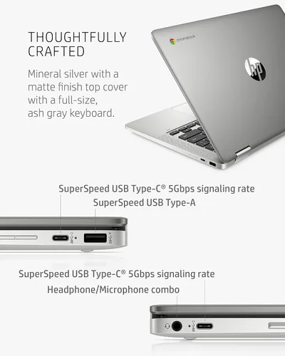 Vista 6 de HP - Laptop Chromebook x360 14a 2 en 1, Intel Pentium Silver N5000, 4 GB RAM, 64 GB eMMC, pantalla HD de 14", Chrome OS, cámara web, micrófonos