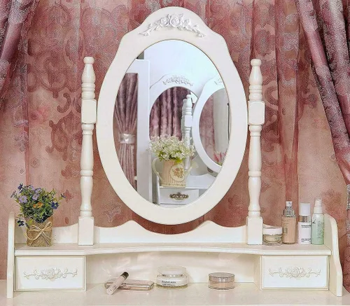 Vista 2 de Juego de tocador blanco para maquillaje y joyería con taburete, 4 cajones, espejo y escritorio de madera de Apontus