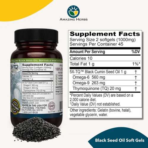 Vista 2 de Amazing Herbs Cápsulas Premium de Aceite de Semilla Negra - Sin Gluten, Sin OMG, Prensado en Frío Nigella Sativa Ayuda en la Salud Digestiva, Apoyo
