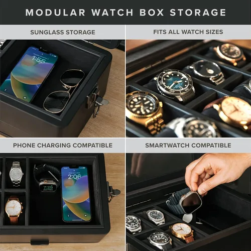 Vista 11 de CASE ELEGANCE Caja organizadora militar de 10 ranuras para reloj, para hombres, parte superior de cristal real, bandeja modular de valet, compatible