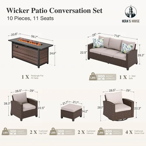 Vista 22 de HERA'S HOUSE - Juego de muebles para patio con mesa para fogata, muebles de mimbre para exteriores, sofá de conversación con asientos profundos