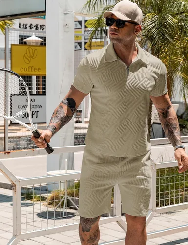 Vista 2 de URRU Conjunto de camisa polo y pantalones cortos para hombre, trajes de verano a la moda, casual, de manga corta, traje de polo para hombre