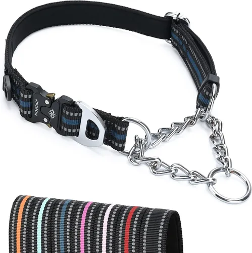 Vista 10 de Collar Martingala para perros con cadena de acero inoxidable (S, negro) Ajustable, a prueba de escapes, costuras reflectantes para paseos