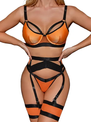Vista 122 de Kaei&Shi - Lencería con liguero para mujer, conjunto de encaje traslúcido y sexy de 4 piezas combinadas
