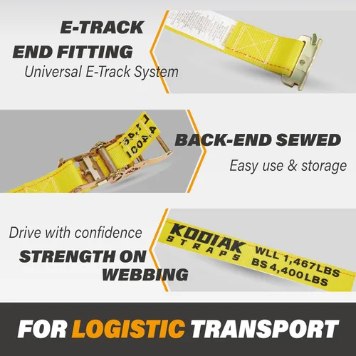 Vista 3 de Paquete de 2 correas de trinquete E-Track de 2 pulgadas x 12 pies x 4,400 de fuerza para amarre de carga en remolque cerrado y camioneta por KODIAK