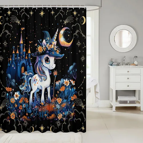 Vista 2 de Cortina de ducha de tela de unicornio de Halloween, misteriosa cortina de ducha de flores de castillo estrellado para baño, cortina de ducha