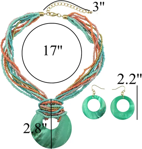 Vista 3 de Coiris - Collar llamativo de múltiples hebras con cuentas coloridas y con dije de gran concha circular para mujer