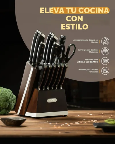 Vista 2 de OOU Juego de cuchillos de cocina 2025 con bloque, juego de cuchillos de acero inoxidable alemán de 15 piezas con varilla de afilar, mango de madera