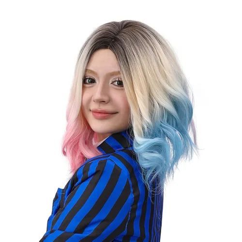 Vista 3 de Peluca ondulada corta rosa y azul para disfraz de Halloween para mujer
