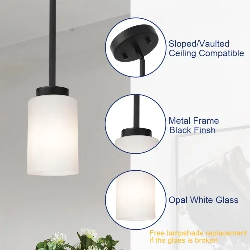 Vista 7 de TODOLUZ Luminaria Colgante Negra con Cristal Blanco Ópal, Mini Candelabro de Estilo Rústico para Isla de Cocina y Pasillo