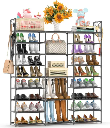 Vista 12 de Kottwca - Zapatero de 7 niveles de metal para entrada y armario, con capacidad para 24-28 pares, estante apilable para zapatos y botas con ganchos