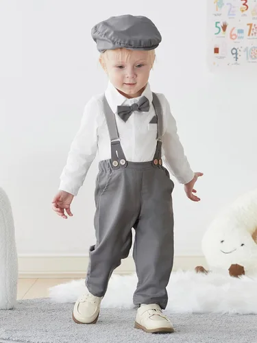 Vista 5 de SALNIER Conjunto de ropa de traje de bebé niño esmoquin trajes de caballero trajes de corbatín camisa tirantes pantalones boina sombrero