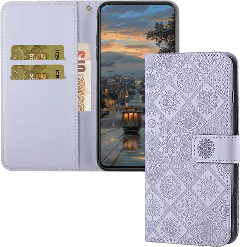 Vista 10 de Funda compatible con iPhone 12 Mini con tarjetero de cuero con tapa abatible, estampado retro con función atril, funda protectora magnética