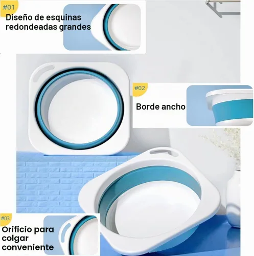 Vista 3 de Lavabo de plástico plegable de 5 litros (1.4 galones), bandeja de cocina, bañera pequeña con floding, cubo de plástico que ahorra espacio para Azul