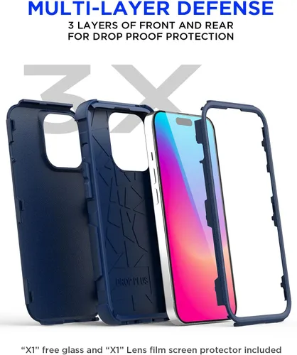 Vista 5 de AICase Funda resistente compatible con iPhone 15 Pro con protector de vidrio + lente de cámara, resistente de 3 capas de protección de grado