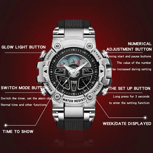 Vista 6 de Reloj para hombre, relojes tácticos para hombre, negro, militar, 5ATM, impermeable, deportivo, reloj digital, diseño genial, hora mundial