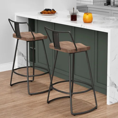 Vista 3 de Taburetes de bar giratorios de 24 pulgadas con respaldo, juego de 2 sillas de bar de metal con asiento de madera, taburetes de bar industriales