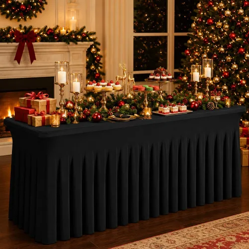 Vista 6 de Mantel rectangular de elastano negro, funda elástica ajustada para mesas rectangulares de 1,8 m, falda de mesa elástica sin arrugas para decoración