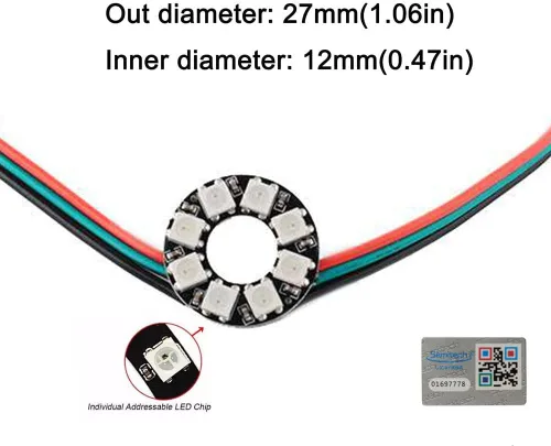 Vista 2 de Anillo LED direccionable WS2812 de 8 bits con cable SM2.54-3P, DC5V WS2812B 5050 RGB LED con controladores integrados de píxeles de control
