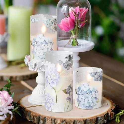 Vista 7 de Velas recargables de vidrio de hortensias sin llama con temporizador remoto, funciona con pilas, velas LED parpadeantes de cera real, decoración