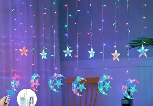 Vista 9 de House Warming & Eid - Tira de luces LED para cortina para interiores y exteriores, estrella centelleante, luna, USB, funciona con pilas, para colgar