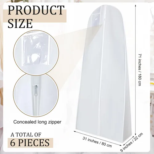 Vista 15 de Windyun Paquete de 6 bolsas de ropa para vestidos de novia de 71 pulgadas, bolsas de vestir para vestidos largos con refuerzo de 9 pulgadas
