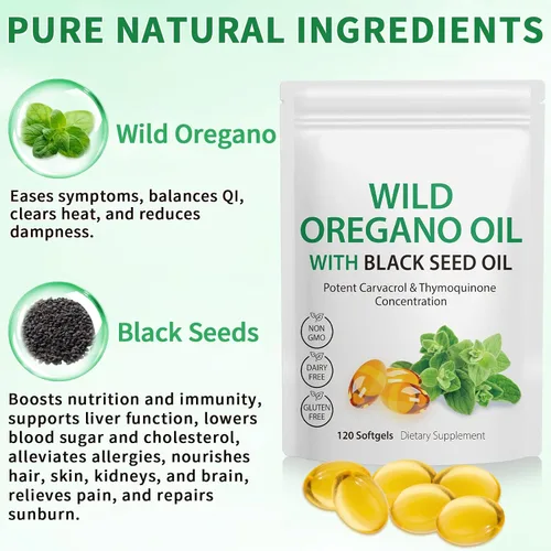 Vista 2 de 120 PIEZAS Aceite de Orégano con Aceite de Semilla Negra Aumenta el Sistema Inmunológico Cápsulas de Aceite de Orégano Orgánico, Clorofila
